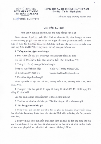 YÊU CẦU BÁO GIÁ 139/TMBG-BVSKTTTB