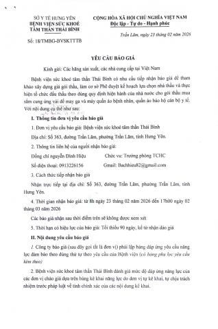 THƯ MỜI BÁO GIÁ 18/TMBG-BVSKTTTB