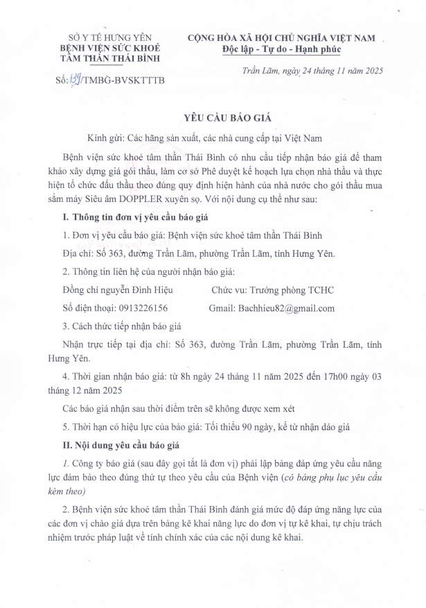 YÊU CẦU BÁO GIÁ 139/TMBG-BVSKTTTB