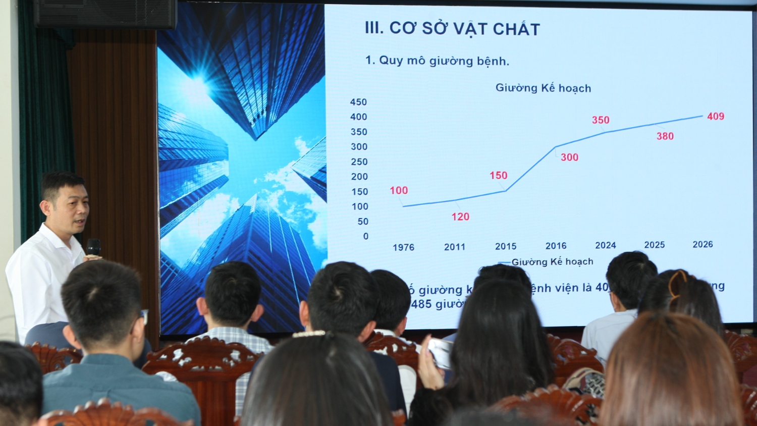 Bí thư Đảng ủy, Giám đốc Bệnh viện Sức khỏe Tâm thần Thái Bình phát biểu giới thiệu về bệnh viện với đơn vị bạn